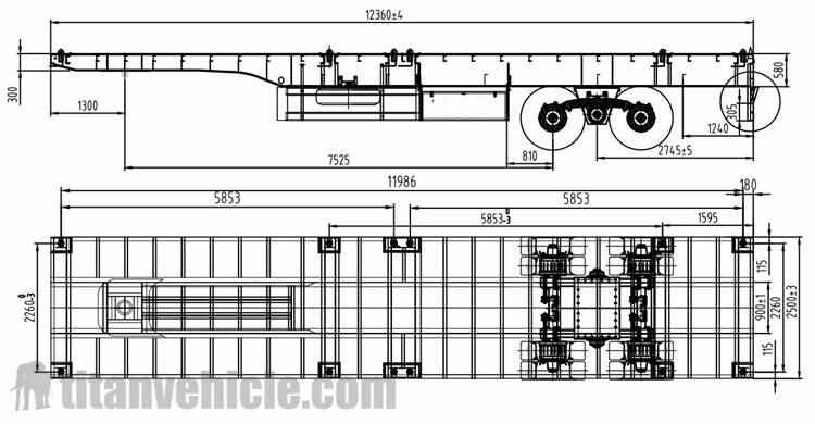 Drawing of 2 Axle Flatbed Semi Trailer