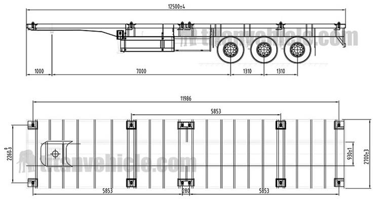 Drawing of Tri Axle Flat Bed Trailer for Sale