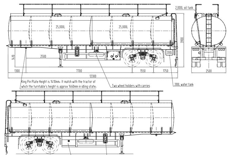 Drawing of 2 Axle 50000 Liters Fuel Tanker Trailer with Bogie Suspension