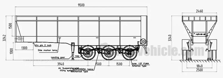 Drawing of 3 Axle Crawler Type Tipper Dumper Box Trailer 