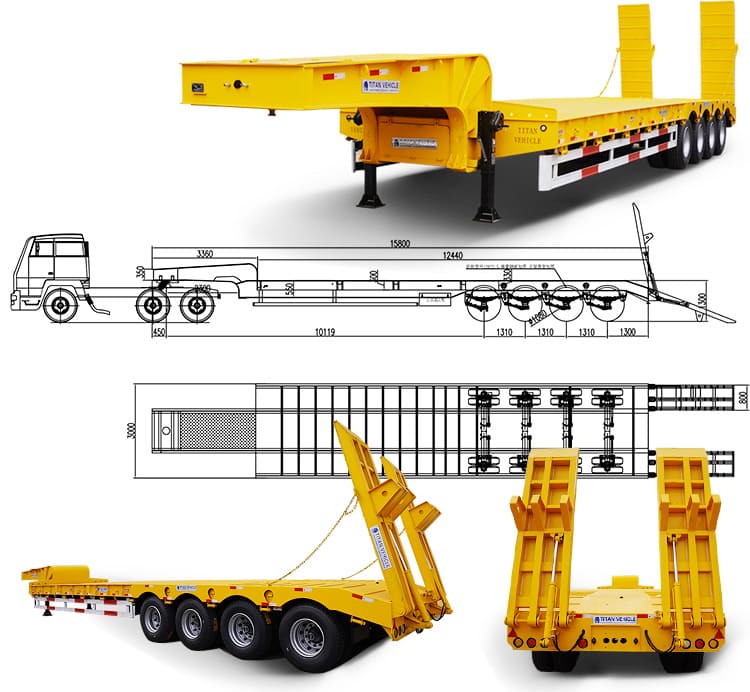 4 Axle 100T Lowbed Trailer for Sale with Hydraulic Ramps